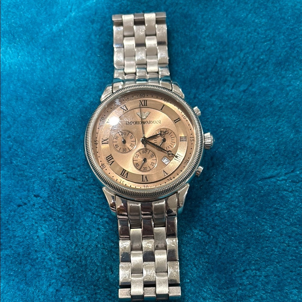 Emporio Armani Silver and Gold Chronograph Watch - with new battery!